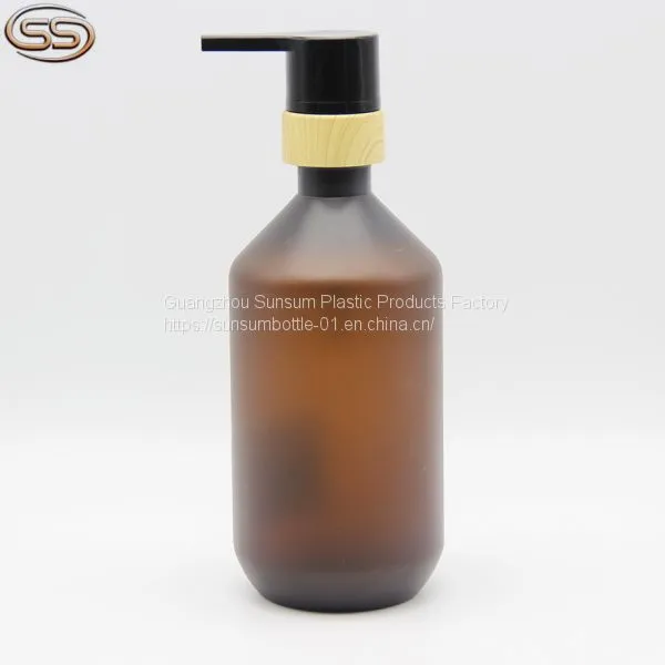 500ml Frosted Amber Plastic Shampoo and Shower Gel Bottle With Bamboo Pump