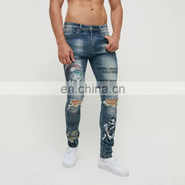 DiZNEW Spray Denim on Factory Wholesale Printing Dark Blue Fashion Mens Plus Size Pants & Jeans photo-2