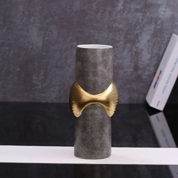 Light Luxury Classcial Grey Leather Gild Convex Ceramic Vase Decor For Dry Fresh Flower photo-2