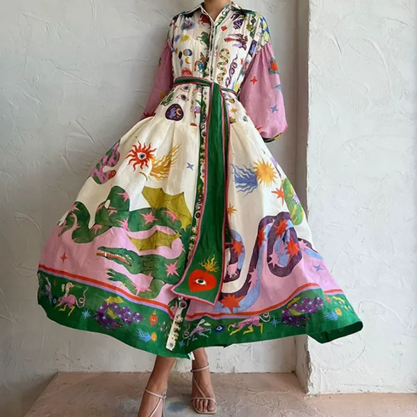 Summer New Style, Lantern Sleeve Printed Dress, Lapel and Waist Cinching Dress, Casual Dress