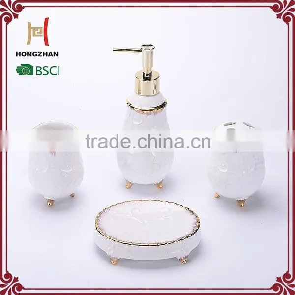 White Carved Ceramic Bathroom Set With Gold Line