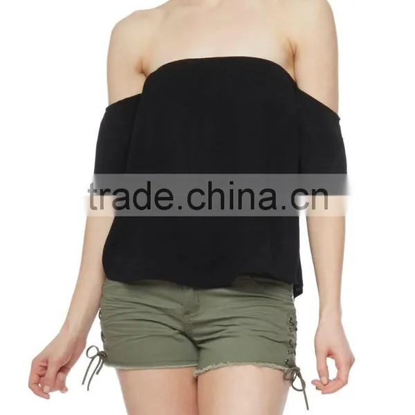 Women T-Shirts, Clothing Women, Black Off the Shoulder Crinkle Knit Top photo-2