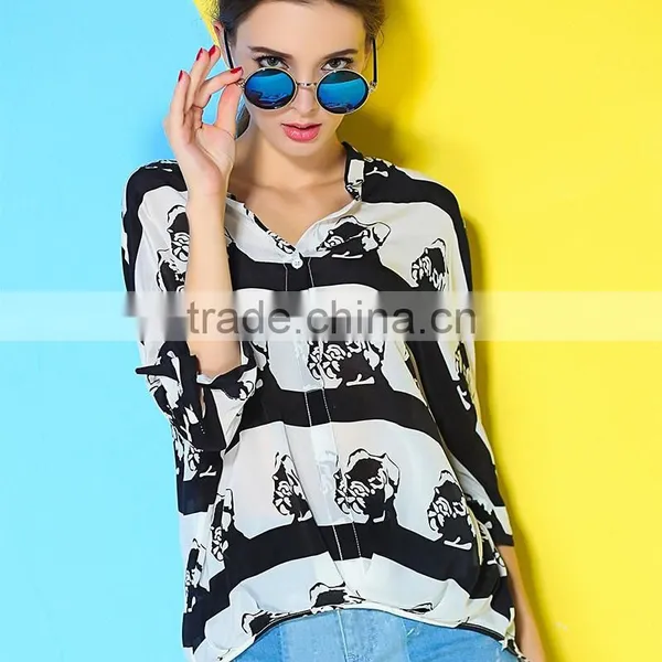 2015 HOYUGO Latest Printed Blouse Designs, Model Loose Blouse, Lao Silk Blouse Wholesale Manufacturer in China.