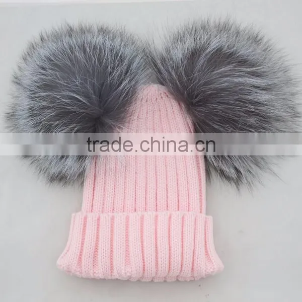 Myfur Khaki Green Fashion Knitting Hat With Genuine Silver Fox Fur Pom Poms photo-6