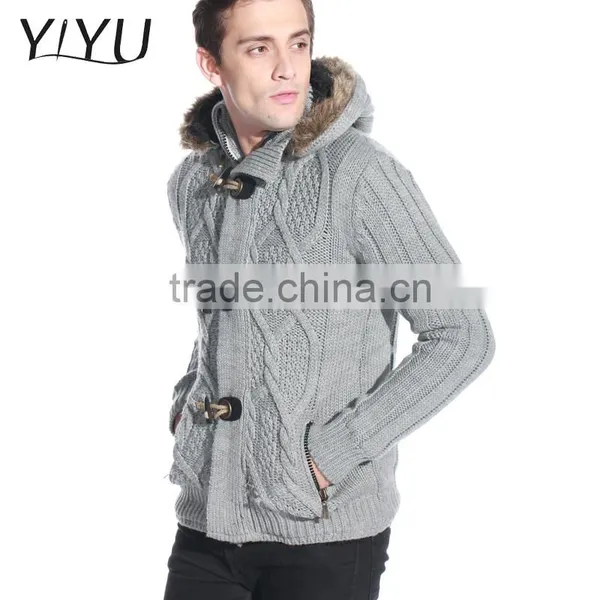 Latest Designs Man Fleece Lined Wool Top Cable Knit Cardigan Sweater With Hooded photo-4