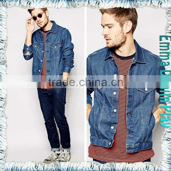 Tan Cotton Button Front Denim Mens Blue Single Breasted Jean Jacket photo-3