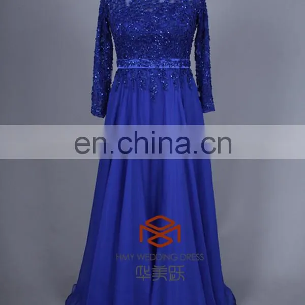 Lace Embroidered Royal Blue Long Sleeves Maxi Evening Dress For Fat Women HMY-CDA041 Ladies Long Evening Party Wear Gown