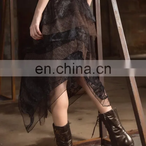Steampunk Laces and Mesh Asymmetrical Cut Long Skirt photo-6