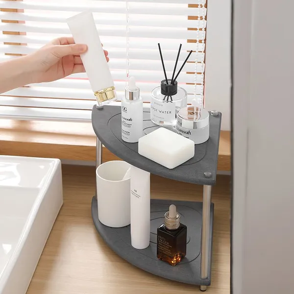 Custom OEM ODM 2-Tier Fan-Shape Bathroom Corner Diatomite Absorbent Stone Drying Rack photo-2