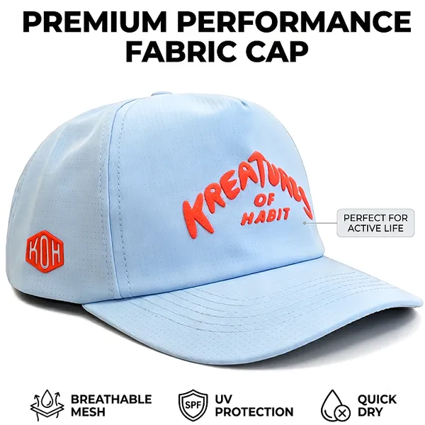 Performance Golf Sports Vibe Curved Slogan Orange 3D Puff Print Light Blue Perforated 5 Panel Hat