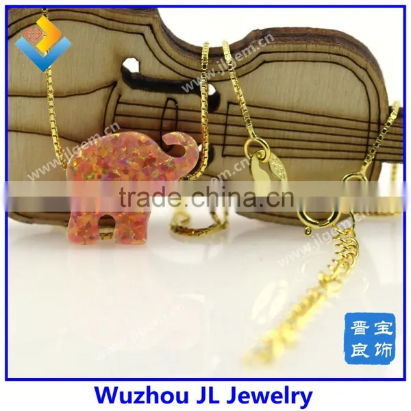 Synthetic Opal Elephant Gem Stone With 18K Gold Plated 925 Silver Necklace photo-5