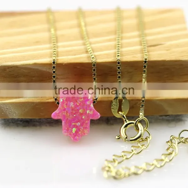 High Quality Synthetic Pink Opal Hamsa/Hand Opal 18K Gold Plated 925 Sterling Silver Box Chain Necklace Made in China photo-6