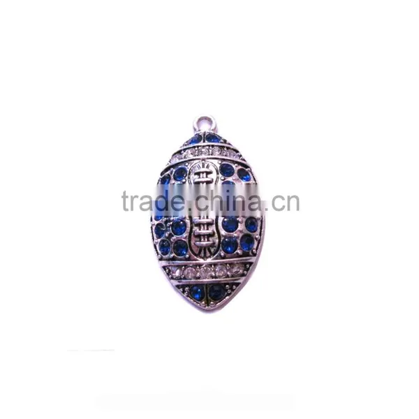 OEM Tibetan Silver Tone Blue Crystal Football Charms Pendants, Rugby Charm, Sports Charms