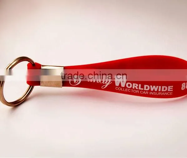 Red Silicone loop keychain keyring with stainless steel ring and printed logo