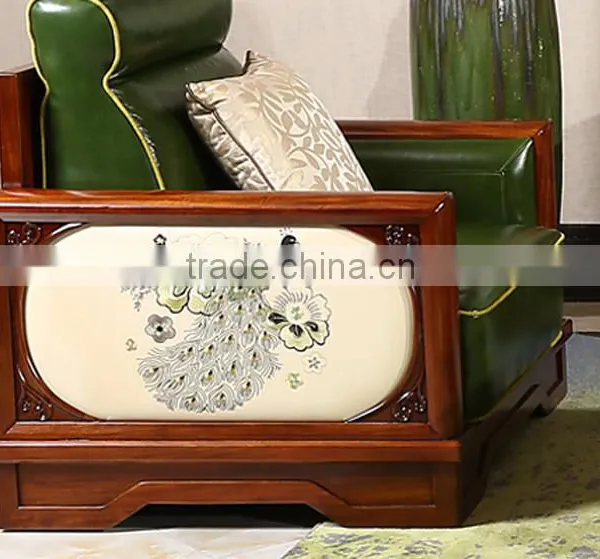 Country Style Wooden And Genuine Leather Sofa Set With Peacock Pattern, Neo Classic Living Room Set(MOQ=1 SET) photo-2