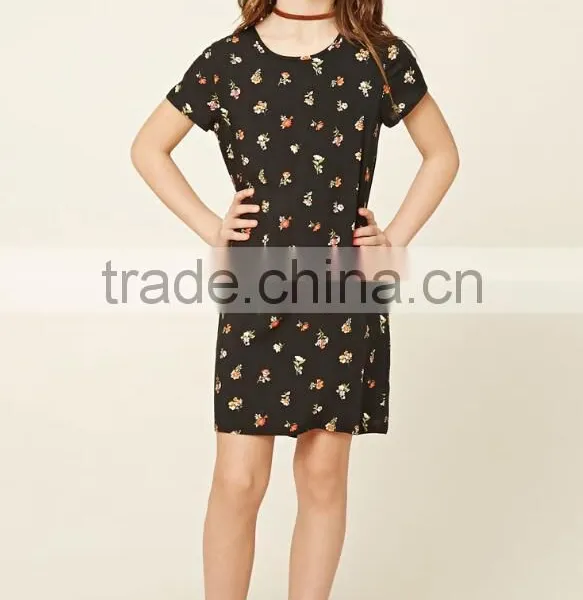 Wholesale Children's Boutique Clothing Girls Allover Floral Print Shift O-Neck Short Sleeves Knit Latest Dress Designs photo-2