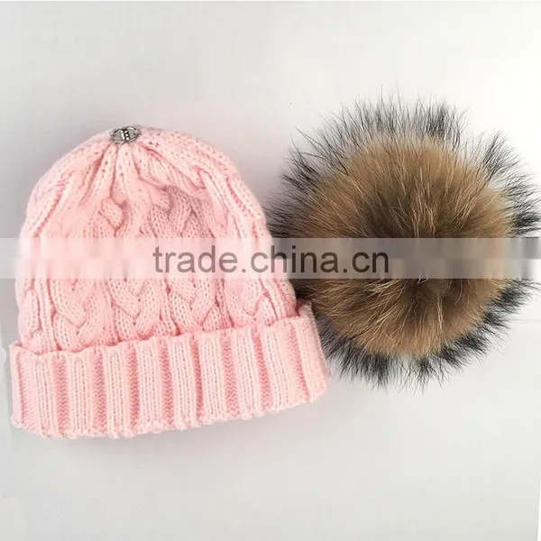 Myfur Fuzzy Big Raccoon Fur Bobble Cable Knit Hat Wholesale Girls Beanie photo-3
