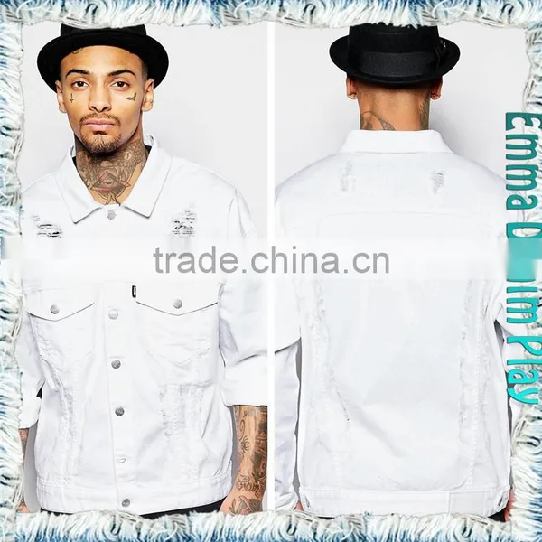 Street Design Soild White Denim Ripped Jackets for Mens photo-2