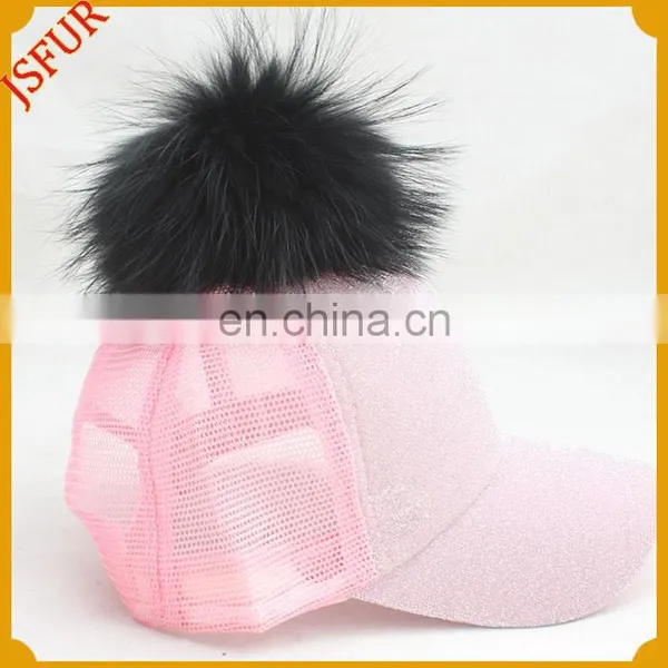 Fashionable Bling Bling Pink With Real Raccoon Fur Pompom Spring Hat photo-2