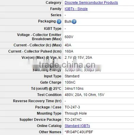 Electronics IRG4PC40UPBF IGBT Transistors 600V UltraFast 8-60kHz 40A 160W TO247AC photo-3