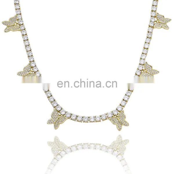 16inch Hip Hop Necklace, Jewelry Gold Diamond Iced Out Cuban Link Chain 4pcs Butterfly Necklace for Women/ photo-2