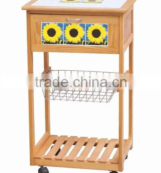 FSC Pine Kitchen Trolley With Tile Top and Basket