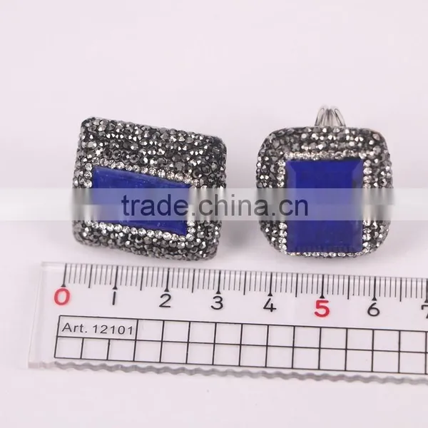 Natural Lapis Lazuli Druzy Stone Rings, Pave Crystal Rhinetone Single Stone Ring Design photo-4