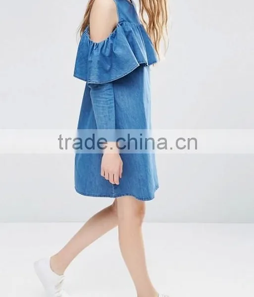 Shift Denim Dress With Cold Shoulder and Ruffle Detail photo-2