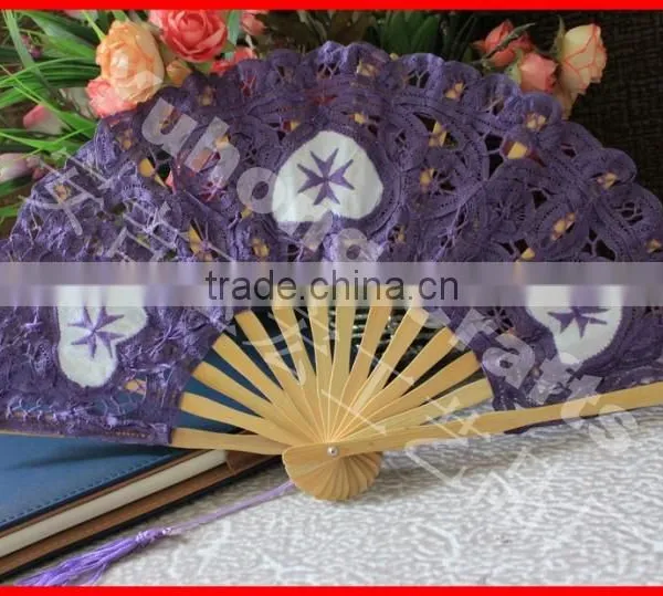 Purple Embroidery Lace Bamboo Wedding Fan