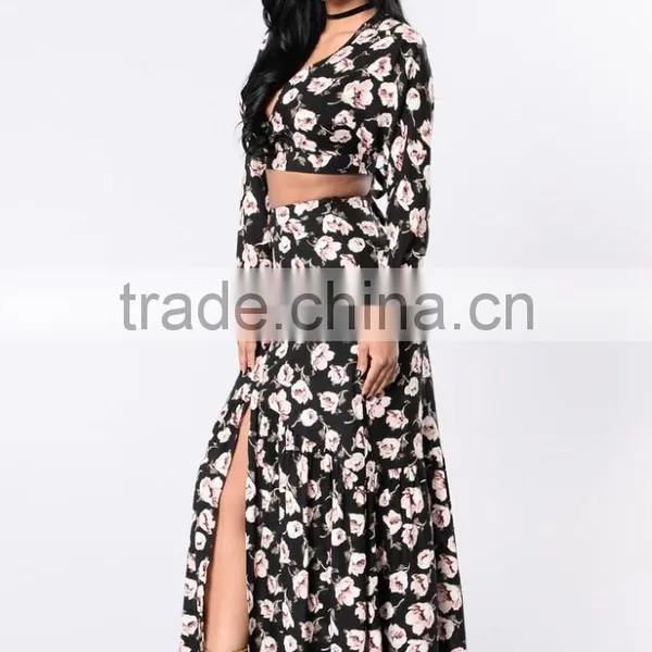 100% Rayon Floral Matching Set Long Sleeve V Neckline Open Back Crop Top and Maxi Skirt Set photo-3