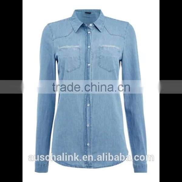 2016 New Arrival Ladies Long Sleeve Blue Denim Shirt OEM Service photo-3