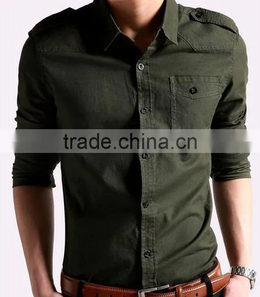 New Elegant Khaki 100%Cotton Men Fancy Casual Shoulder Strap Shirt With Square Collar photo-3