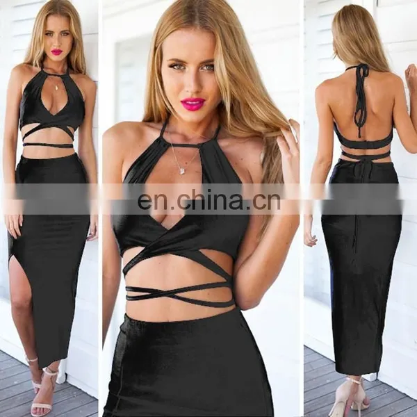 Plunging Halter Sexy Two Piece Navy Blue Bodycon Dress photo-2