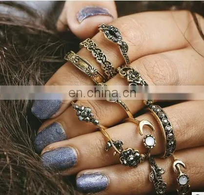 11pcs/set Retro Bohemia Rose Bouquet Jade Flower Totem Knuckle Midi Finger Stacking Ring Jewelry Ring Sets photo-2