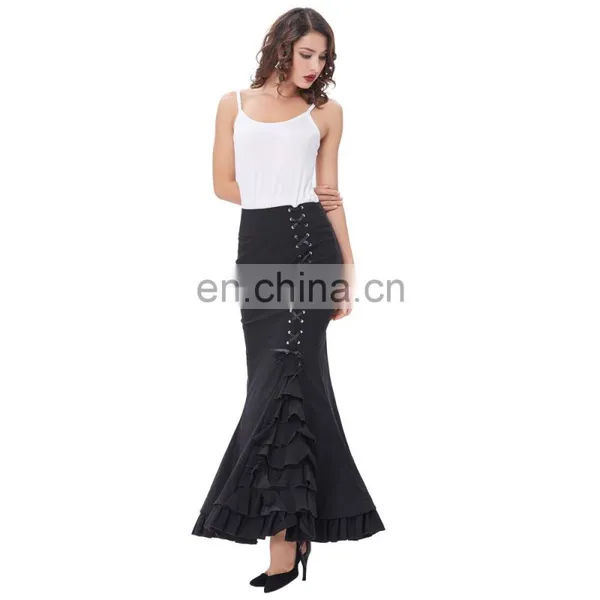 Belle Poque Womens Victorian Style High Stretchy Nylon-Cotton Vintage Retro Ruffled Fishtail Mermaid Black Long Skirt BP000203-1 photo-4