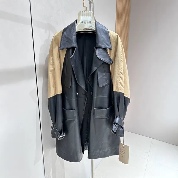 Genuine Leather Jacket Sheepskin Splicing Fabric 2024 Autumn New Jacket Women's Fashion Trendy Windbreaker Mid-length