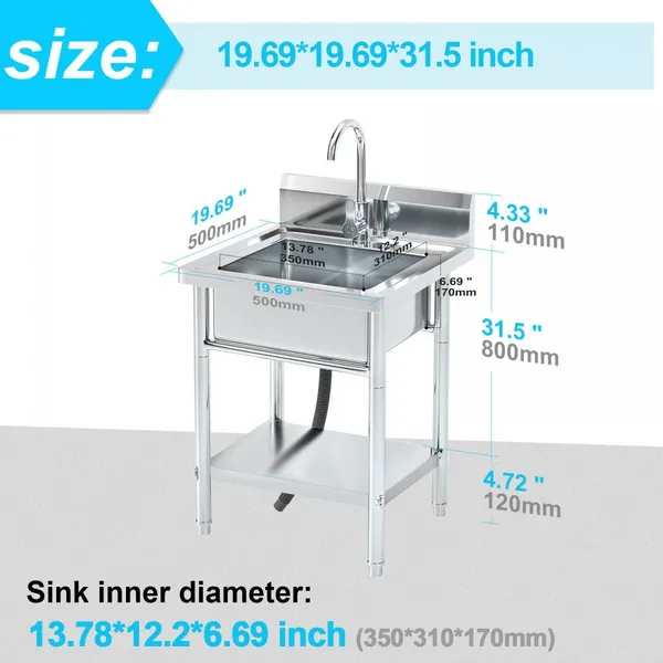 Utility Sink Freestanding Single Bowl Laundry Sink With Hot and Cold Water Plumbing Stainless Steel Sink for Kitchen and Bathroom Farmhouse Style photo-2