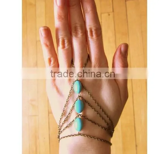Trendy Boho Finger Ring Turquoise Harness Slave Chain Hand Bracelet photo-2