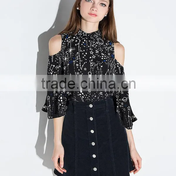 Slim V Neck Off Shoulder Sleeve Galaxy Printing Blouse photo-2