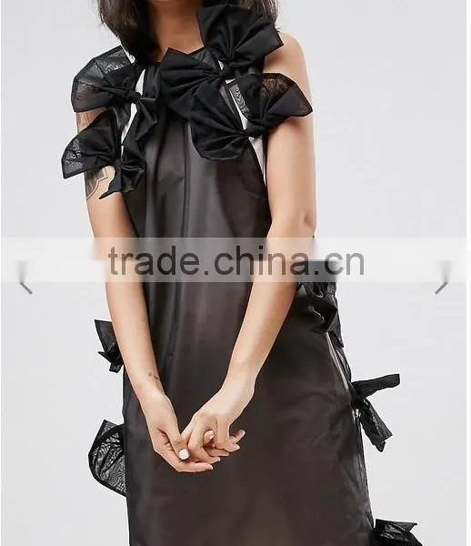 Summer Dress For Women Black Lightweight Organza Contrast Lining Crew Neck Bow Detail Midi Organza Dress photo-5