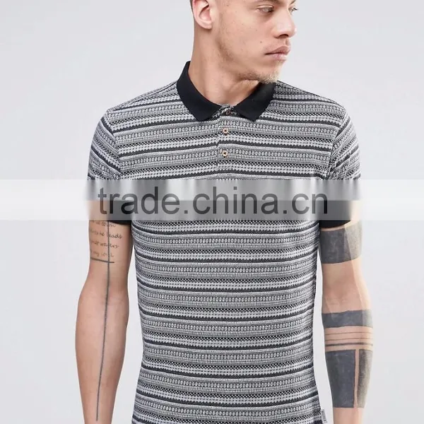 Best Sell Custom Men Short Sleeve Striped Yarn Dyed Classic Collar Polo Shirt With All Over Aztec Print Custom Logo photo-3