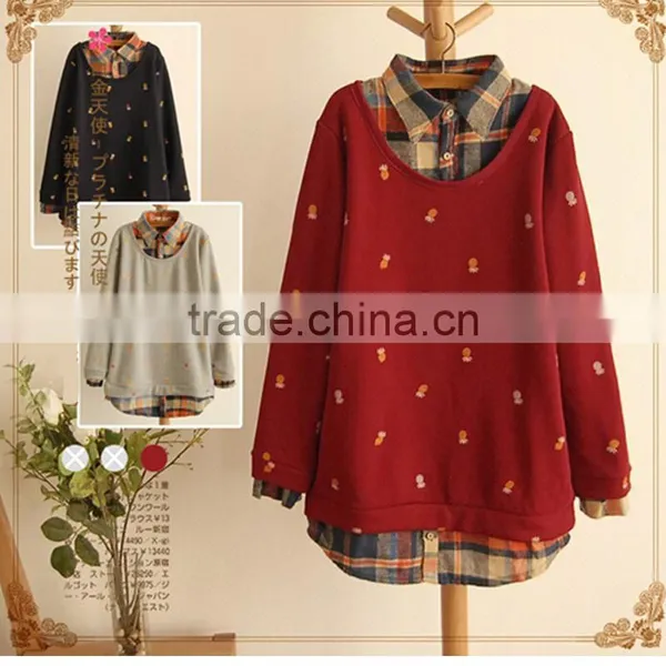 Spring and Autumn Lovely Printed Fake 2pcs Long Sleeve Blouse Designs Fashion Women Plaid Shirt photo-4