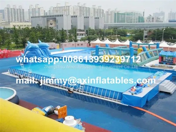 Custom 0.9MM PVC Tarpaulin Inflatable Water Park Equipments,Rectangular Metal Frame Pool