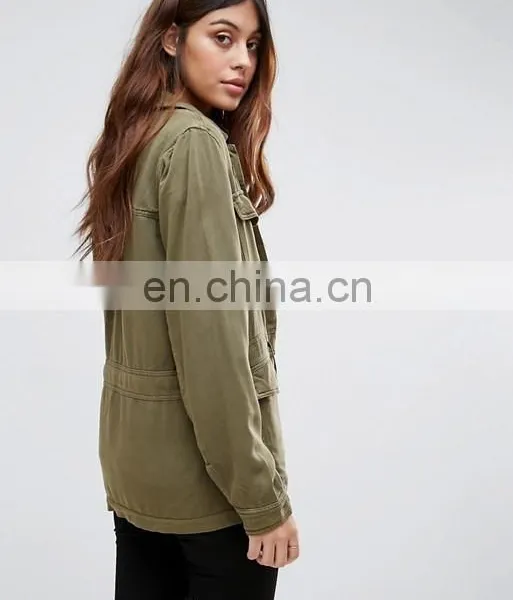 2016 Fashion Laper Collar Long Sleeve Women Army Green Front Button Jacket photo-3