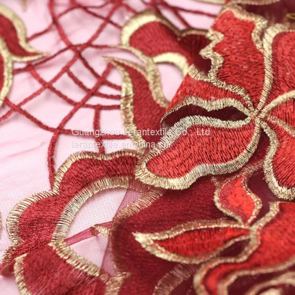 China Manufacture Africa Gold Giltter Tulle Net Embroidered Lace Fabric for Wedding photo-4