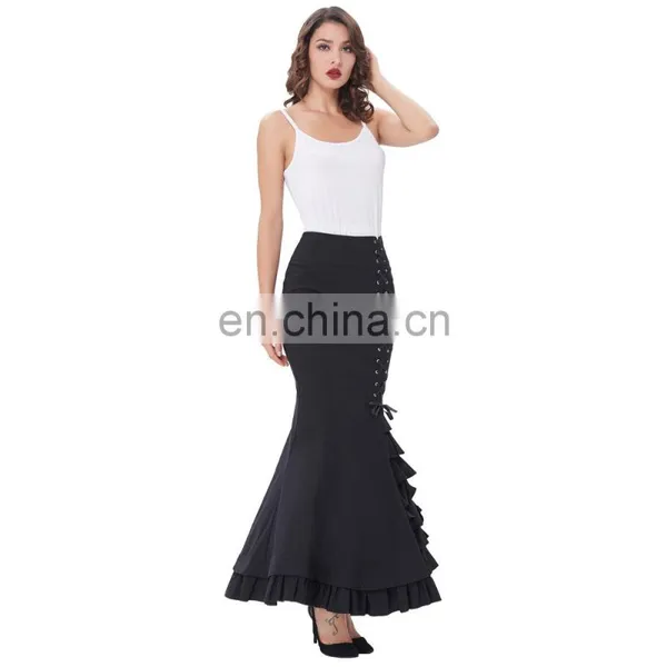 Belle Poque Womens Victorian Style High Stretchy Nylon-Cotton Vintage Retro Ruffled Fishtail Mermaid Black Long Skirt BP000203-1 photo-3