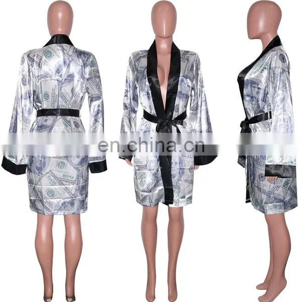 Us Money Dollar Print Fashion Maxi Open Stitch Women Autumn Deep V Neck Long Sleeve Cardigan Vintage Fall Female Party Outerwear photo-5