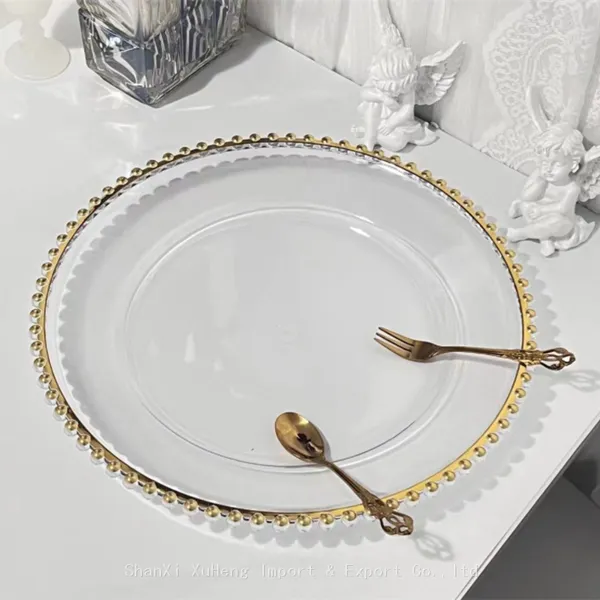 Cheap 13 Inch Clear Wedding Table Decoration Gold Beaded Acrylic Glass Charger Plate Party Wedding Decor Plastic Plates photo-2