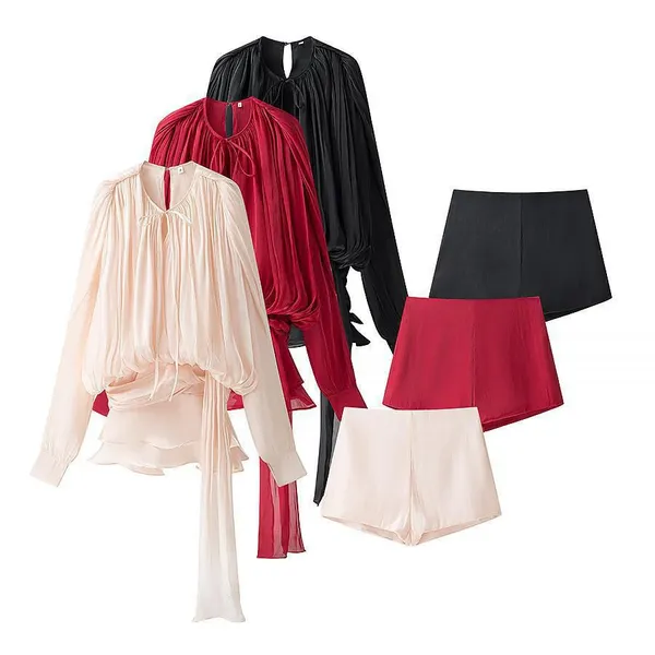 Chic Lantern-sheer Fabric Dress for Women, New Spring Style, Short Skirt, Cinched Waist, Irregular Lotus Leaf Hem, With Tie. photo-2