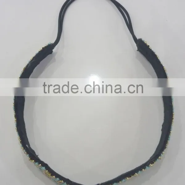 FASHION FABRIC HAND SEWN BEADED METAL TUBE HEAD BAND photo-5